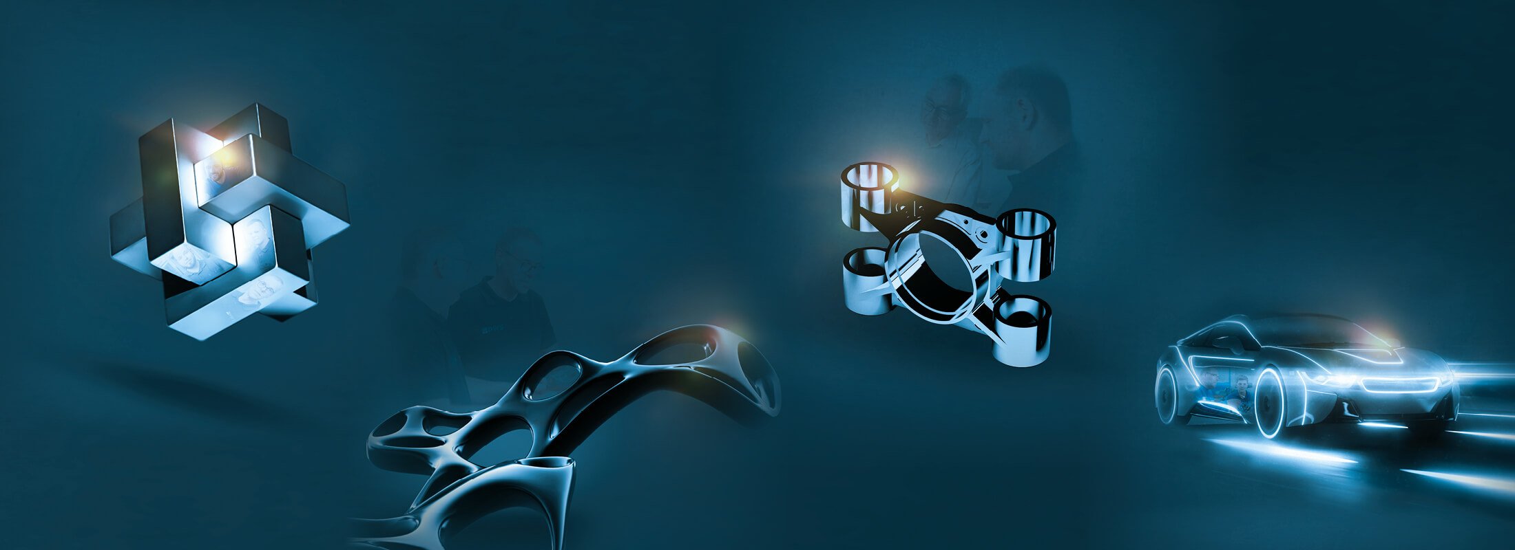 3D-Renderings mehrerer Metallteile.