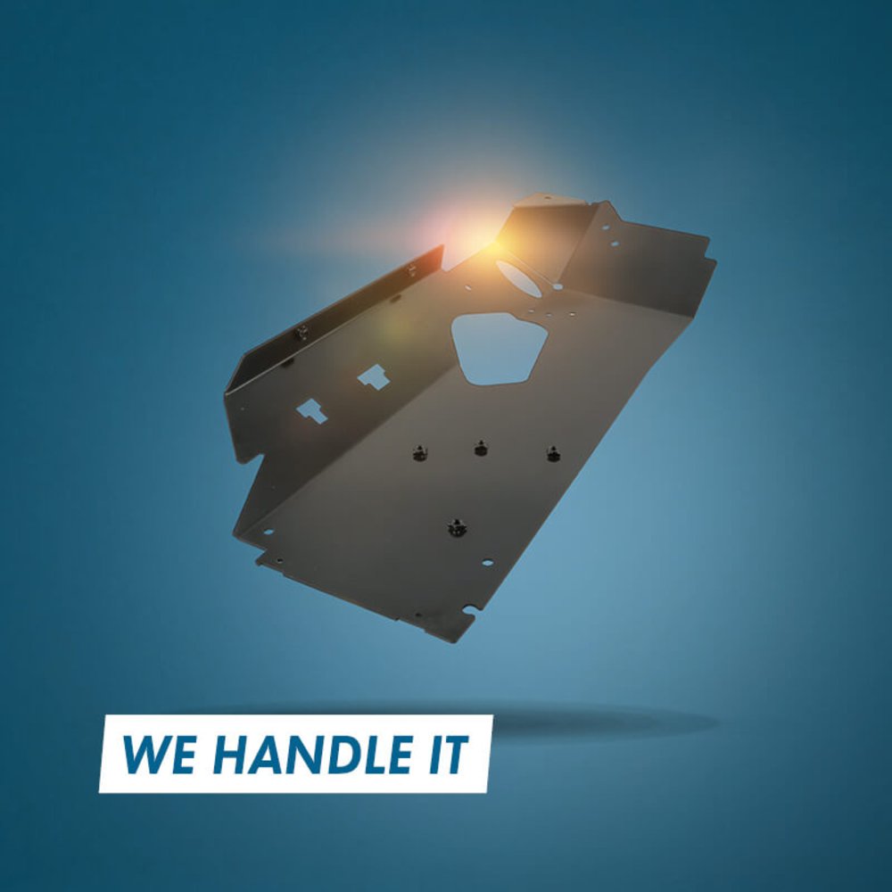 Computeranimation von einem Werkstück aus Metall mit der Aufschrift We handle it.