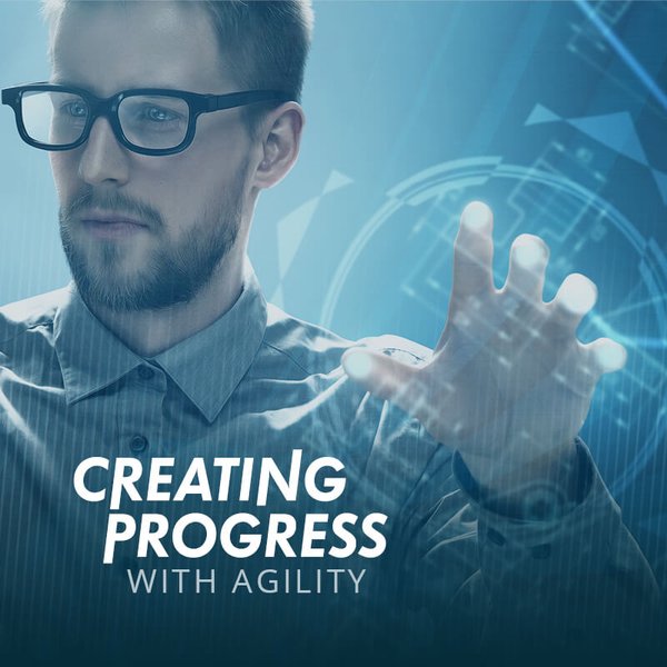 Bild von Mann mit Brille, mit der Aufschrift Creating Progress with Agility.